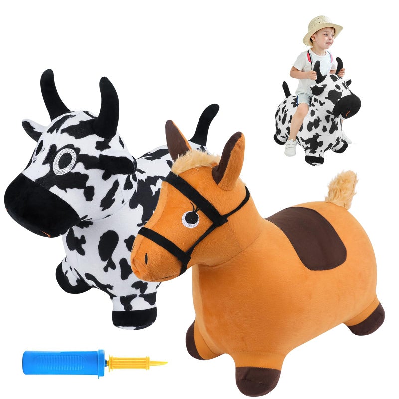 EKEPE Bouncy Hopper Cow & Horse 2 PCS  Inflatable Hopping Outdoor Ride on Bouncy Animal Play Toys with Pump  Birthday for Kids  Toddlers  Boys  Girls 3 4 5 6 Years Old - Image 1